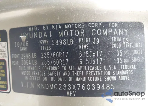 2007 Hyundai Entourage Gls/Limited/Se z USA, uszkodzony, nr VIN KNDMC233X76039485